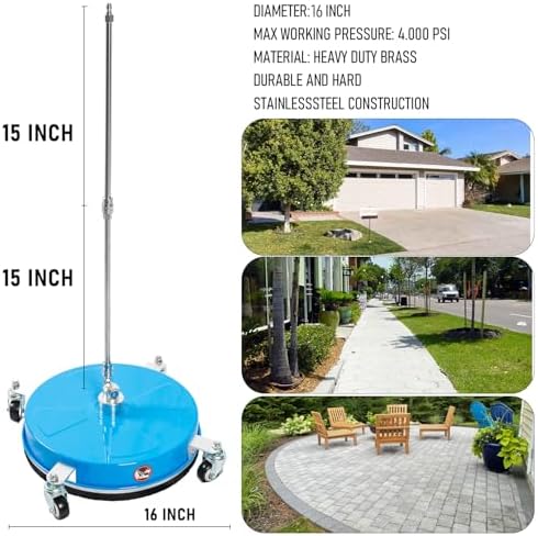 16" Pressure Washer Surface Cleaner with 4 Wheels, Coated Blue Stainless Steel Power Washer Surface Cleaner for Driveway Sidewalk Patio, 1/4" Quick Connector, 2 Extension Wand, 4000 PSI