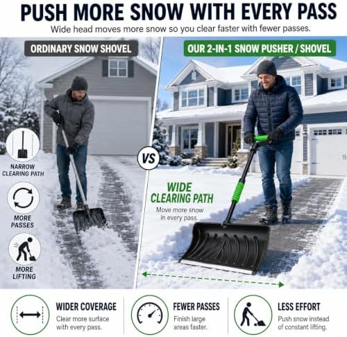 DMJN [2026 Upgraded] 2-in-1 Snow Pusher & Snow Shovel, 53" Aluminum Snow Removal Tool with 20" Wide Pusher & 10" Shovel for Driveways, Sidewalks, Steps and Walkways