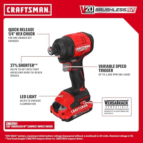 CRAFTSMAN V20 Brushless RP Drill Driver and Impact Driver Compact 2 Tool Combo Kit With 2 x 2ah Battery and Charger, 1900 RPM Power Drill, 2100 Torque Cordless Impact (CMCK1411D2)