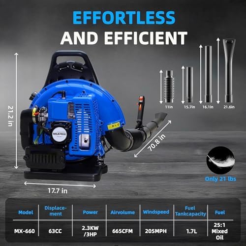 63CC Gas Backpack Leaf Blower, 2-Stroke Engine, 665 CFM, 205 MPH for Lawn Care, Yard Debris & Snow Removal