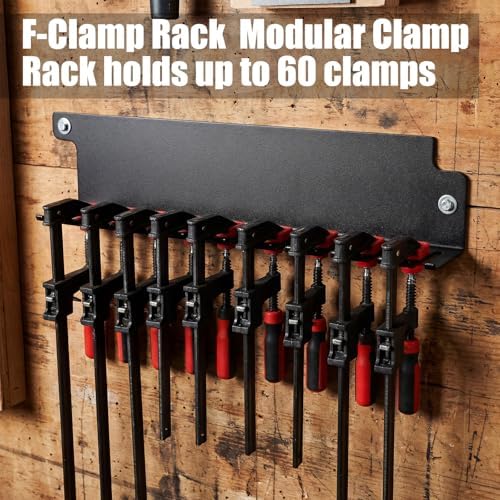 LEIFIDE 6 Pack F-Clamp Rack Black Help to Store Heavy Duty Clamps 16'' Long Stainless Steel Clamp Holder Pre-Drilled 16 inch on Center for Mounting to Wall Stud Workshop Organizer and Storage