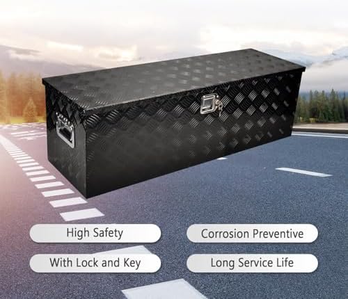 48 Inch Heavy Duty Aluminum Truck Tool Box Pick Up Truck Bed RV Trailer Toolbox Storage Organizer with Side Handle, Lock & Keys，Black,5 Bar Tread 48"(L) X15''(W) X15(H) Storage Box