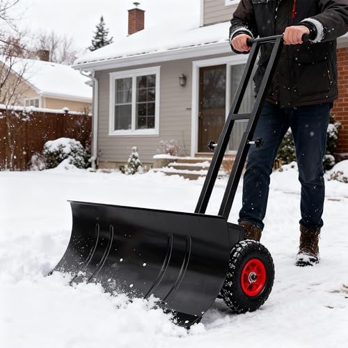 【Local delivery 】 29in Galvanized Blade Heavy-Duty 2-Wheel Snow Pusher Hand Plow for Snow Removal w/Wheels, Adjustable Handle, Blade Angle (Black)