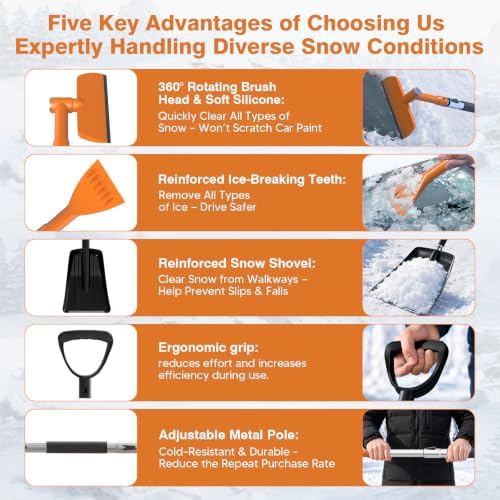 63" Long Snow Brush Kit with Ice Scraper & Snow Shovel for Car Windshield