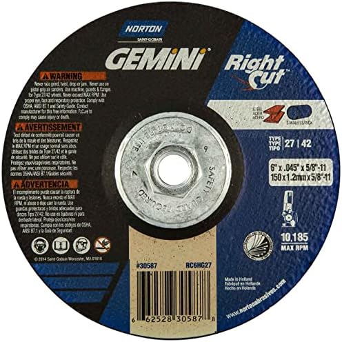 Norton 66252830587 6X.045x5/8-11 in. Gemini RightCut AO Right Angle Cut-Off Wheels, Type 27/42, 24 Grit, 10 Pack