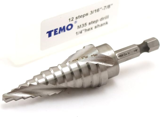 TEMO M35 Cobalt Spiral Flute Step Drill Unibit, 12 Size 3/16 Inch to 7/8 Inch, 1/4 Inch Hex Shank