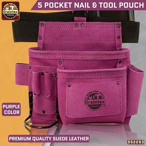 Graintex 5 Pocket Suede Leather Tool Belt/Bag, Multipurpose Leather Tool Belt for Women and Men, Ideal for Construction, Electrician, Handymen, Carpenter, Gardening Pouch & DIY Projects