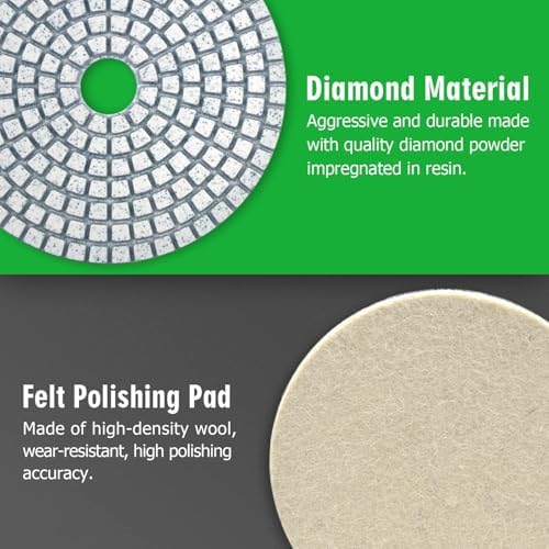 5 Inch Diamond Polishing Pads with 5/8’’-11 Hook & Loop Backing Pads, 10pcs Wet/Dry Concrete Polish Tools Kit for Drill, Grinder, Polisher, 50-3000 Grit Polishing Set for Marble Granite Quartz Stone