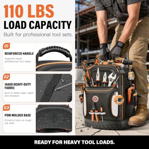 LOKASS 18.1-inch Heavy-Duty Tool Backpack, 75 Pockets, Black