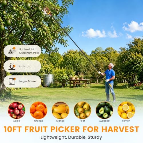 18FT Reach Fruit Picker with Basket, Apple Picking Tool Telescoping Pole, Long-Handle Mango Grabber, Tree Fruit Catcher for Harvesting Lemon Pear Orange Avocado Peach Citrus Grapefruit