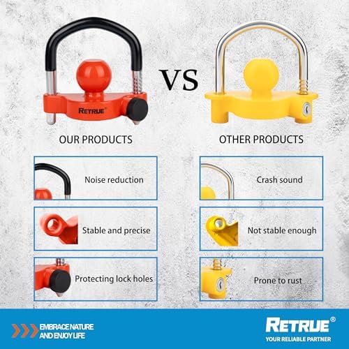 RETRUE Universal Trailer Coupler Hitch Lock, Waterproof Cover & Cap, Red