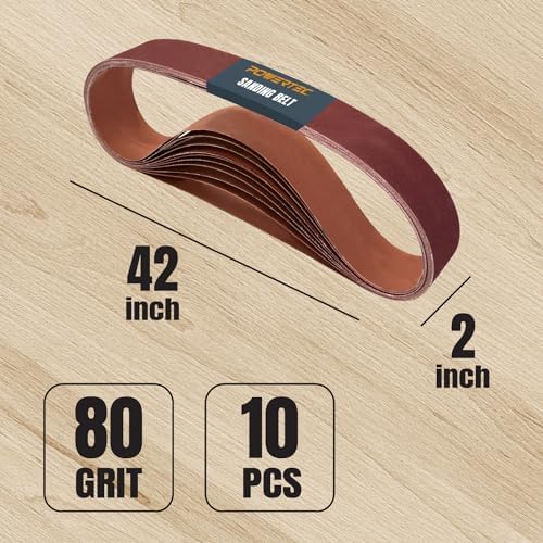 POWERTEC 2x42 Aluminum Oxide Sanding Belts, 10PK, 80 Grit 2 x 42 Sanding Belts for 2x42 Belt Sander, Grinder, Belt and Disc Sander, Knife Making, Woodworking, Metal Working (424208A)