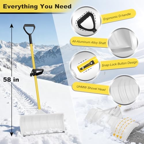 Snow Pusher, Snow Plow Shovel with Ergonomic Dual D-Handles & 22'' UHMW Blade, Lightweight Manual Snow Shovel for Driveway, Sidewalk & Patio