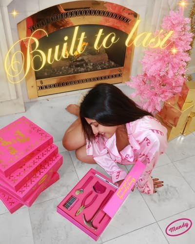 Mandy Hot Girls Love Tools Pink Toolkit Tool Set, 7-Piece DIY Home Repair Kit with Designer Storage Book Box, Hammer, Pliers, Wrench, Screwdriver