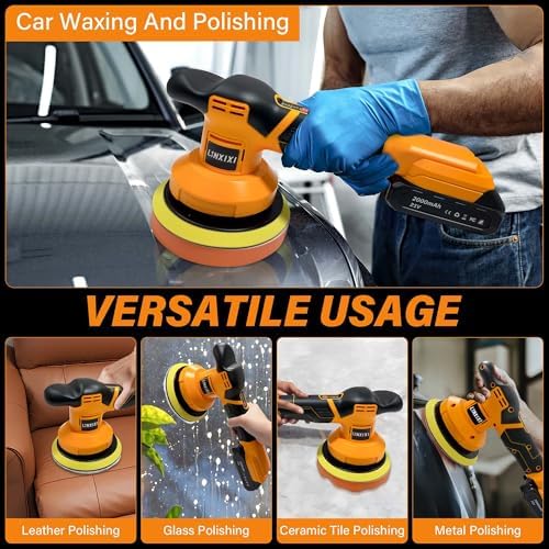 Cordless Buffer Polisher with 2 x 2000mAh Batteries, 6 Inch Car Polisher with 3 Variable Speed, Portable Orbital Buffers and Polishers Kit for Car Detailing, Waxing, Polishing