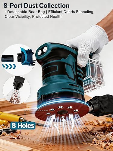 5" Cordless Random Orbital Sander Compatible with Ma-kita 18V Battery(Tool Only),Brushless Orbit Sander|300W Brushless Motor,19000 RPM, 6-Speed Sanders for Woodworking, Dust Collector&20 Discs