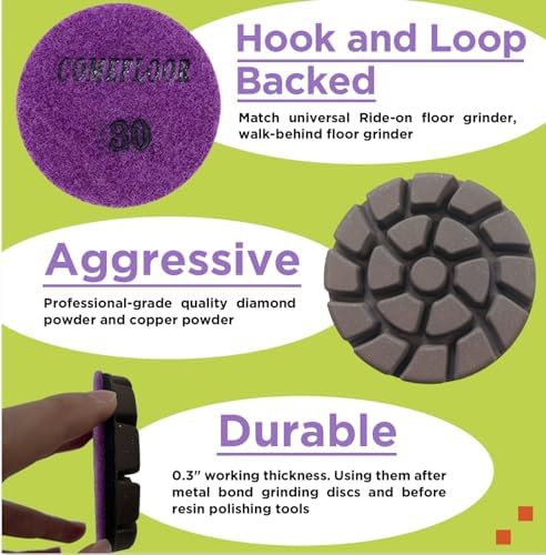 Concrete Floor Polishing Pucks Sharp Diamond Copper Bond Grinding Disc, Fit Ride-on Floor Grinder, Walk-Behind Grinder, 3 Inch Hook and Loop Long Using Life Polishing Pads, 30#,9 PCS