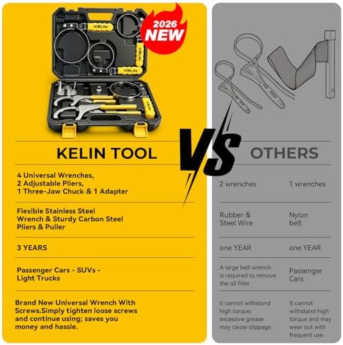KELIN Oil Filter Wrench Set 8PCS, 9"&12" Oil Filter Pliers | 4 Swivel Band Wrenches (2-3/4" to 5-1/4") | 3-Jaw Universal Adapter for 3/8" 1/2" Ratchet, Oil Filter Removal Tool for Car Truck SUV ATV