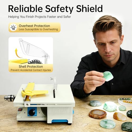 Table Saw, Gem Jade Grinder Polisher for Cutting Rocks, Rock Cutting Saw with Blade, Adjustable Speed Cutting Machine 800-10000rpm, Lapidary Saw for Cutting Grinding Engraving Polishing
