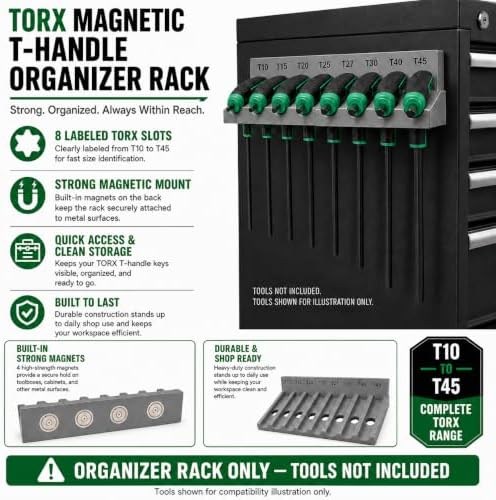 Magnetic T-Handle Hex Key Organizer Rack - Wrench Organizer for Garage, Tool Cart, or Workshop – Compatible with Toolboxes and Storage Systems - sae/metric/torx (Torx)