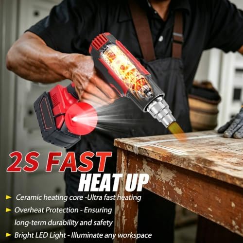 Cordless Heat Gun for Milwaukee M18 18V Battery – 380W 1022°F Hot Air Gun for Electricians, DIYers & Auto Wrapping | Shrink Tubing, Vinyl Wrap, Paint Removal | LED Light, 4 Nozzles, Tool Only