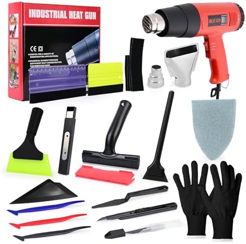 EHDIS Car Wrap Kit with Heat Gun Window Tint Vinyl Wrap Installation Tool Set with Felt Squeegee, Corner Tucking Stick,6 inch Razor Blade Scraper, Rubber Wipper,Film Cutter, Working Gloves