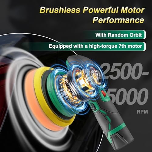 BATOCA S3 Cordless Car Buffer Polisher - 2pcs 11.1V Lithium-ion Rechargeable Battery Powered Brushless Polisher with 6 Variable Speed, DA Orbital Buffer for Car Detailing, Polishing, Waxing