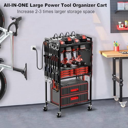 JUNNUJ Power Tool Organizer Cart with Charging Station, 6 FT Cord, Black