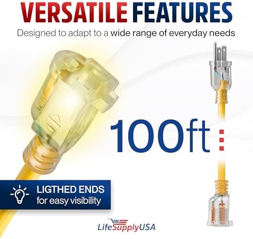 100ft Outdoor/Indoor Extension Cord 14/3 Gauge Heavy Duty 3 Prong SJTW, Waterproof, Flexible Cold-Resistant Long Power Cord,13A 125V 1625W, Yellow by LifeSupplyUSA