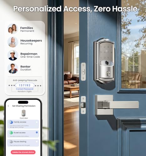 Veise VE027-L WiFi Smart Lock with Handles Set for Front Door, Satin Nickel | Remote APP Control, Fingerprint Voice & Fob Unlock, Touchscreen Keyless Entry Door Lock with Lever, No Hub Need, Auto Lock