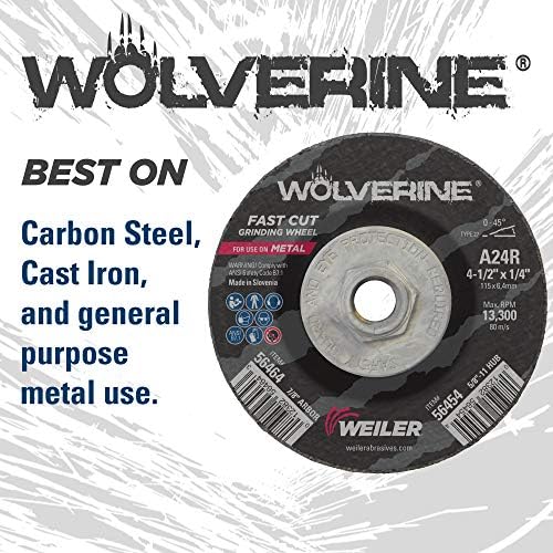 Weiler 56454 4-1/2" x 1/4" Wolverine Type 27 Grinding Wheel, A24R, 5/8"-11 UNC Nut (Pack of 10)