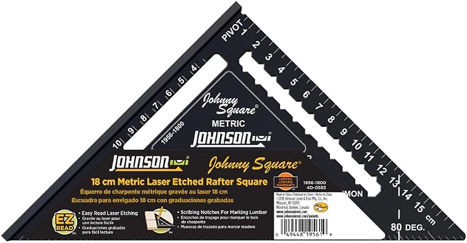 Johnson Level & Tool 1956-1800 Metric Johnny Square Professional Easy-Read Aluminum Rafter Square, 18cm, Black, 1 Square