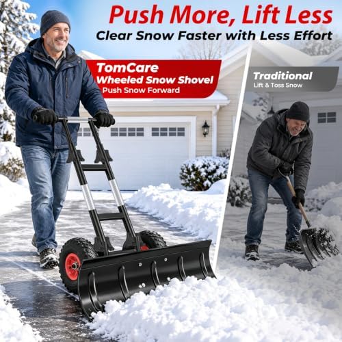 TomCare 36 in Snow Shovel with Wheels, Alloy Steel Snow Pusher Shovel