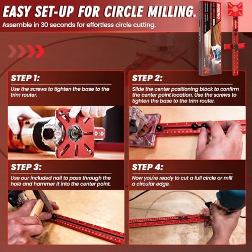 Router Circle Cutting Jig for DeWalt/Bosch/Milwaukee Compact Routers – 4 in 1 Adjustable Router Jig, Aluminum Alloy Circle Cutting Guide for Trim Routers, 5.5–30" for Circles, Arcs & Grooves