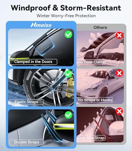 Nmoiss-3-in-1 Windshield Snow Cover for Ice & Snow Frost — 600D Heavy Cover & Ice Scraper Complete Winter Protection with 360° Windproof Design and Multi-Layer Winter Car Kit for Cars, Trucks, SUVs