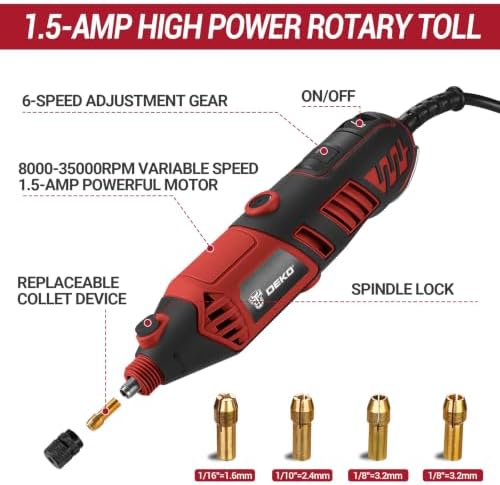 DEKOPRO Rotary Tool Kit, 1.5-Amp Corded Power Rotary Tools with 42" Flex Shaft, 6 Variable Speed, 8,000-35,000 RPM, 129 Pcs Accessories Kit for Cutting, Sanding, Grinding, Carving & DIY Projects Red