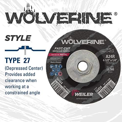 Weiler 56464 4-1/2" X 1/4" Wolverine Type 27 Grinding Wheel, A24R, 7/8" A.H. (Pack of 10)