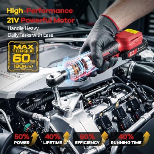 SOARFLY 3/8" Cordless Ratchet Wrench, Power Ratchet Tool Set, 60 Ft-Lbs(80N.m) Electric Ratchet Wrench with 2 * 2000mAh Lithium Batteries, 7 Sockets, LED Light, 1/4" Adapter, 3" Extension Bar
