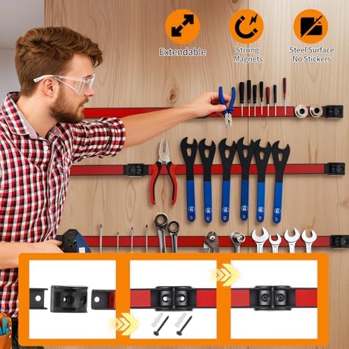 18" Magnetic Tool Holder Strip, 4 Pieces Red Metal Tool Organizer Rack with Stainless Steel Surface, Magnet Bar for Garage Workshop, Easy To Install with Mounting Screws
