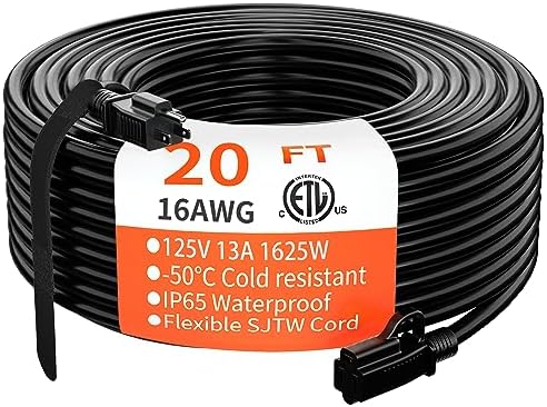HUANCHAIN Indoor Outdoor Black Extension Cord 20 FT Waterproof 16/3 Gauge