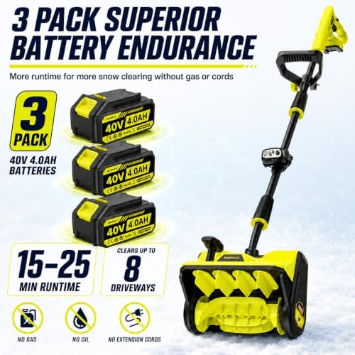 40V Brushless Cordless Snow Shovel, 13Inch Electric Snow Blower with 3 * 4.0 Ah Battery and Charger, Battery Powered Snow Removal with 25FT Throw Distance for Driveway,Steps, Patio, Sidewalk