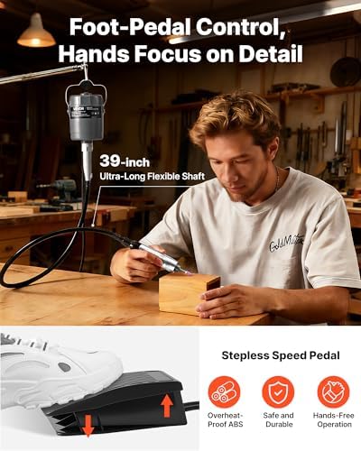 VEVOR Flex Shaft Grinder, 150W 23000RPM Electric Flex Shaft Rotary Tool, Foot-Pedal Control Hanging Carver Grinder with 112PCS Accessory Kit for Sanding Buffing Polishing Cutting