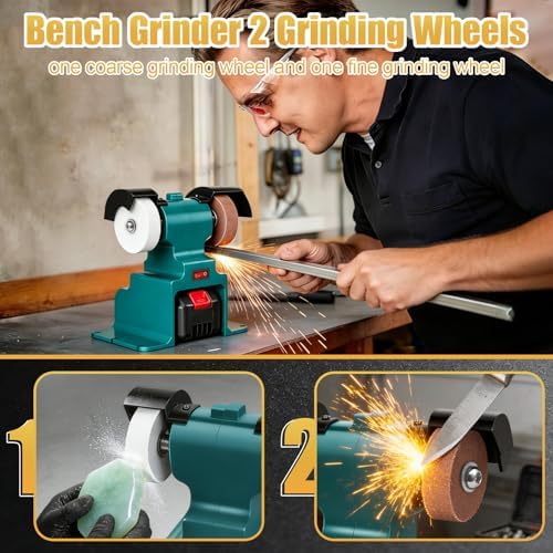 GLXX Mini Bench Grinder with 2 Wheels 250W Electric Multi Functional Bench Grinder 0-6000 RPM Heavy Duty Pure Copper Motor for Workshop Home Garage Metalworking Polishing Rust Removal (Blue)