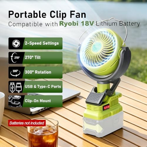 Portable Clip Fan for Ryobi 18V Battery(Battery Not Included), Battery Powered Fan with Dual USB Charging, Cordless Fan with Adjustable Head for Home, Outdoor,Camping and Job Site,Gifts for Men Dad