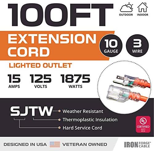 Iron Forge Cable 10 Gauge Extension Cord Heavy Duty, 100 Ft - Orange SJTW