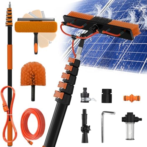 Buyplus 30FT Reach Solar Panel Cleaning Brush Kit with 5-24FT Telescoping Pole, Water Fed Window Cleaner Tool with 20" Brush, Soap Dispenser, Cobweb Duster, Squeegee for Roof, RV, Gutter, Deck,Orange