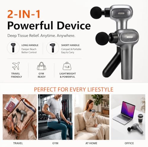 AxBerry Massage Gun, Deep Tissue Percussion Massager with Heat & Detachable Extension Handle, Handheld Muscle Massager for Back, Neck & Shoulders Pain, Portable Massage Gun, Muscle Gun