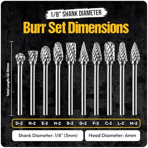 10Pcs Carbide Burr Set - 1/8" Shank Tungsten Die Grinder Bits, Double Cut - Compatible with Dremel & Milwaukee - Cutting, Engraving, Deburring - Rasp Accessories - Metal, Steel, Aluminum