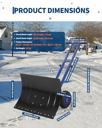 GarveeTech 29x19.8 in Rolling Snow Shovel on Wheels, Metal Snow Pusher