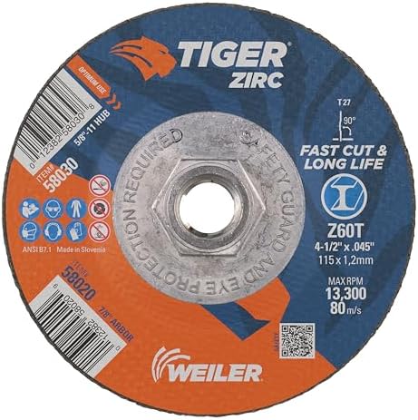 Weiler 58030 4-1/2 Inch Cutting Wheel, Tiger Zirc Steel/Metal Fast Cut & Long Life High Performance Cutting, .045" Z60T Type 27 5/8"-11 Hub, Pack of 10